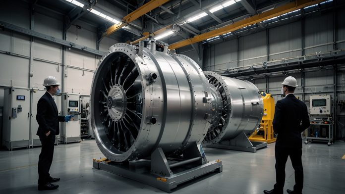 Engineers in a high-tech facility inspect a small modular reactor prototype, symbolizing Rolls-Royce's breakthrough in clean energy and insider confidence driving share price gains.