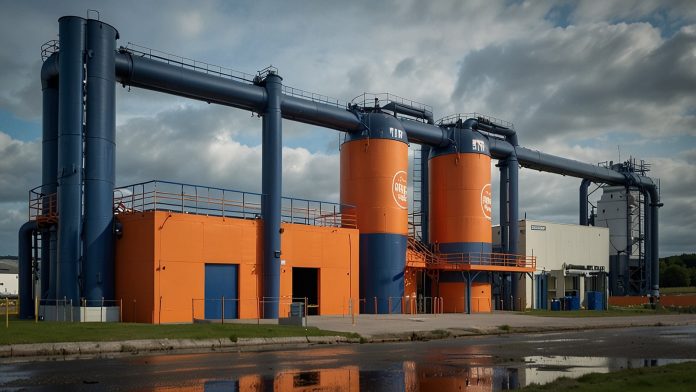 Exterior of AG Barr’s modern production facility in Cumbernauld, Scotland, with prominent Irn-Bru branding and sleek industrial design.