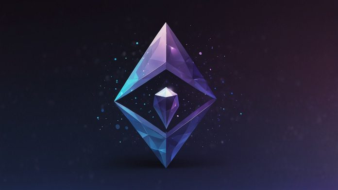 Vibrant Ethereum logo with a diamond-shaped design in purple and blue gradients, symbolizing blockchain dominance in 2025 financial trends.
