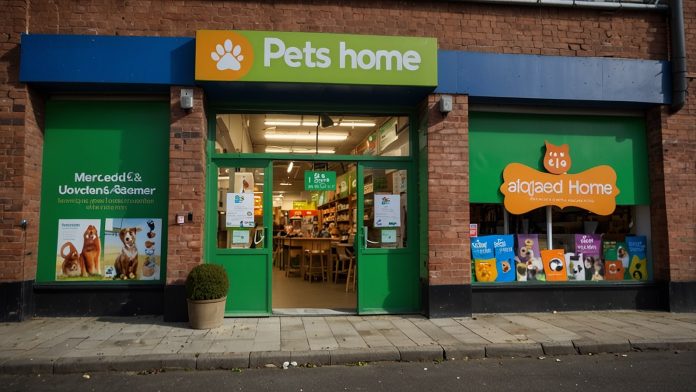Vibrant exterior of a Pets at Home store in Manchester, UK, with colorful signage and pet-related displays welcoming customers.