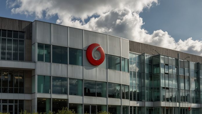 Vodafone headquarters in Newbury with cloud computing icons and FTSE 100 chart showing VOD +5.1% October 31 2025