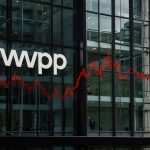 WPP headquarters in London with plunging red stock chart overlay showing WPP -8.3% at 612p October 30 2025