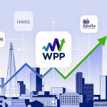 A vibrant illustration of rising stock charts for WPP, surrounded by logos of potential acquirers like Havas, Apollo, and KKR, symbolizing merger excitement in the UK advertising industry.