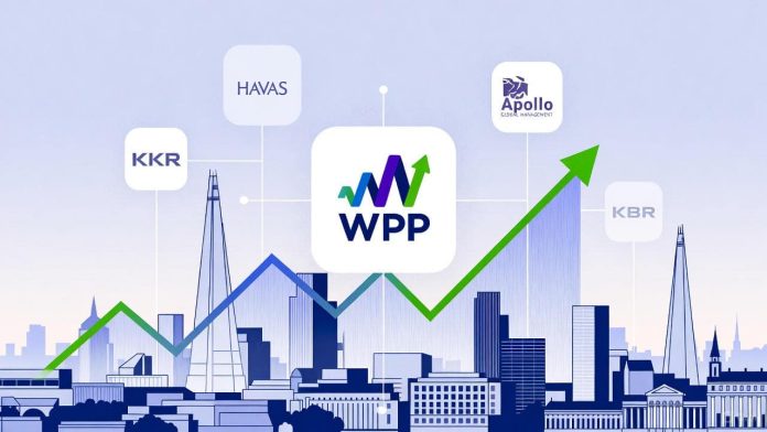 A vibrant illustration of rising stock charts for WPP, surrounded by logos of potential acquirers like Havas, Apollo, and KKR, symbolizing merger excitement in the UK advertising industry.