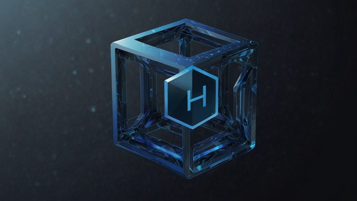 Hedera HBAR logo: Stylized blue hexagonal prism with HBAR text, representing quantum-resistant speed and scalability.