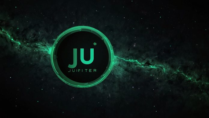 Official Jupiter (JUP) logo: Stylized green orbital 'J' on black cosmic background, representing Solana's top DEX aggregator for seamless token swaps and liquidity.