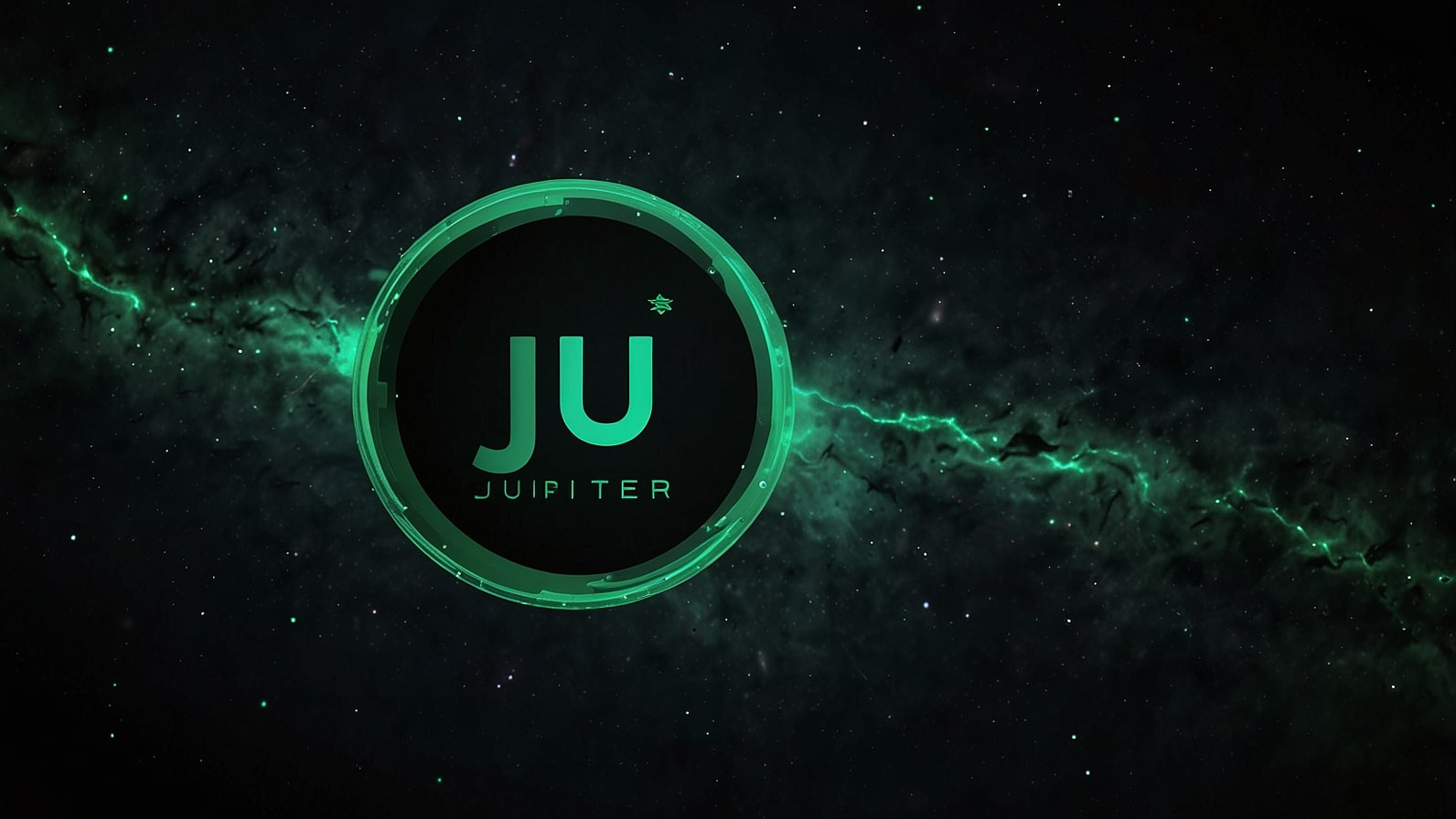 Official Jupiter (JUP) logo: Stylized green orbital 'J' on black cosmic background, representing Solana's top DEX aggregator for seamless token swaps and liquidity.