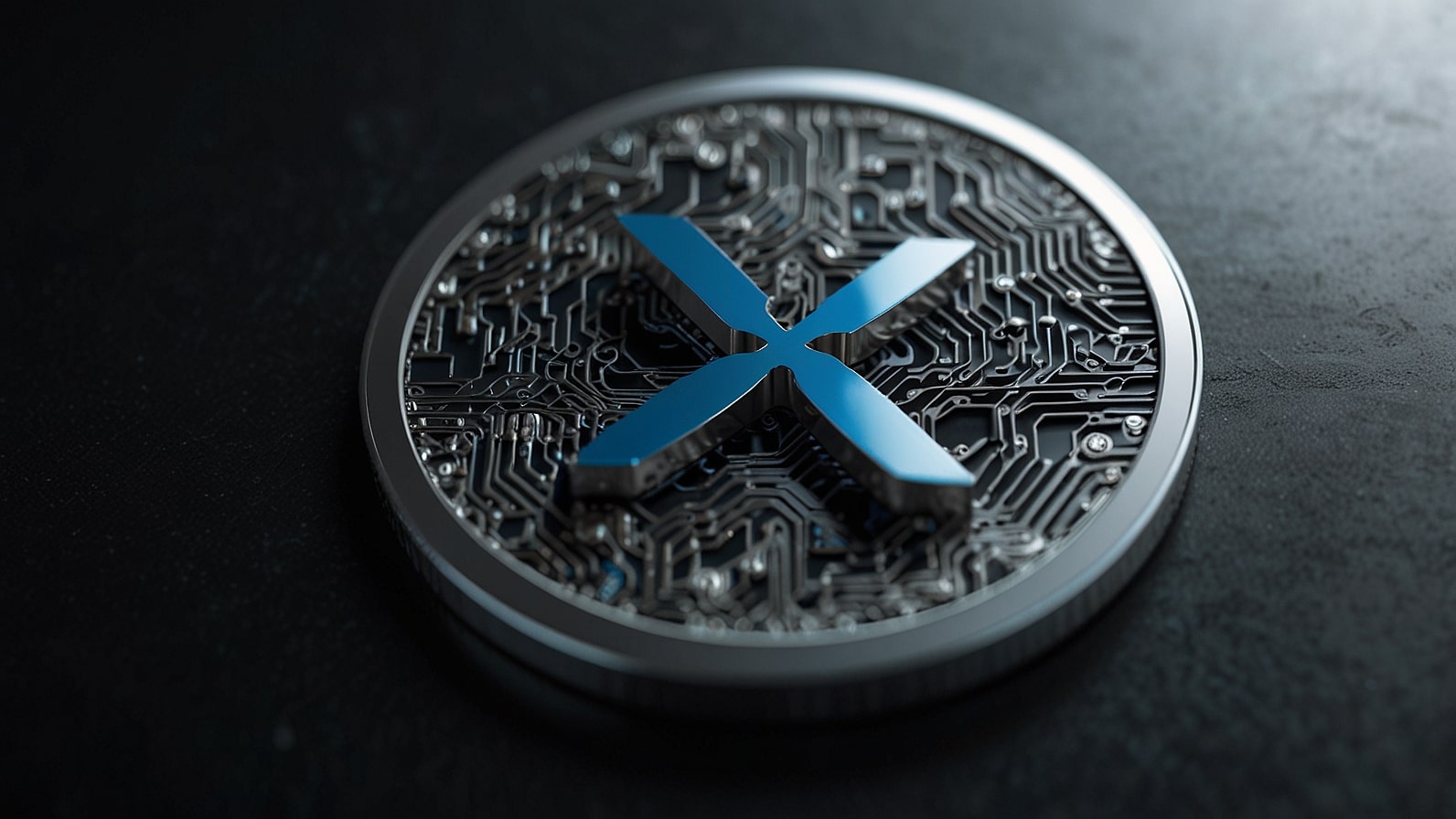 Official XRP cryptocurrency coin logo in silver with blue X symbol, representing fast cross-border payments and Ripple network utility amid 2025 market surge