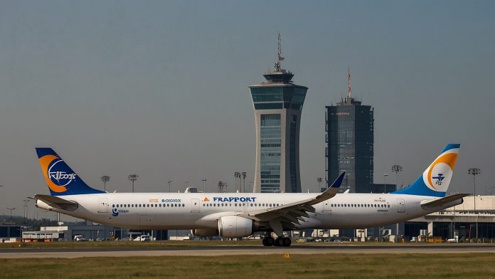 Stock chart depicting Fraport AG shares surging 9% to €79.60 on November 11, 2025, following strong Q3 results with 22.6% EBITDA growth, boosting Frankfurt Airport operator amid aviation recovery and DAX index gains.