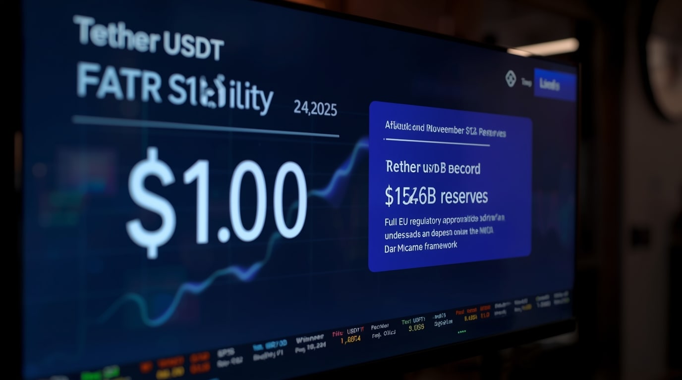 Tether (USDT) price today November 24, 2025 holding at $1.00 with record $152B reserves revealed in audit and full EU regulatory approval under MiCA framework