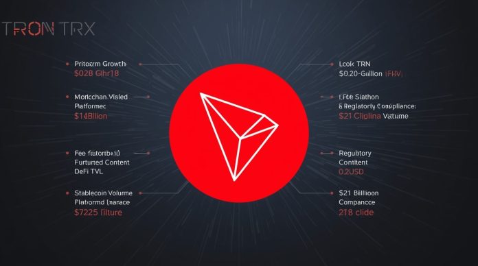 Official Tron TRX logo with red circular emblem and white geometric T symbol, highlighting Tron cryptocurrency's stability at $0.28, fee reductions, and stablecoin dominance in November 2025 blockchain market.