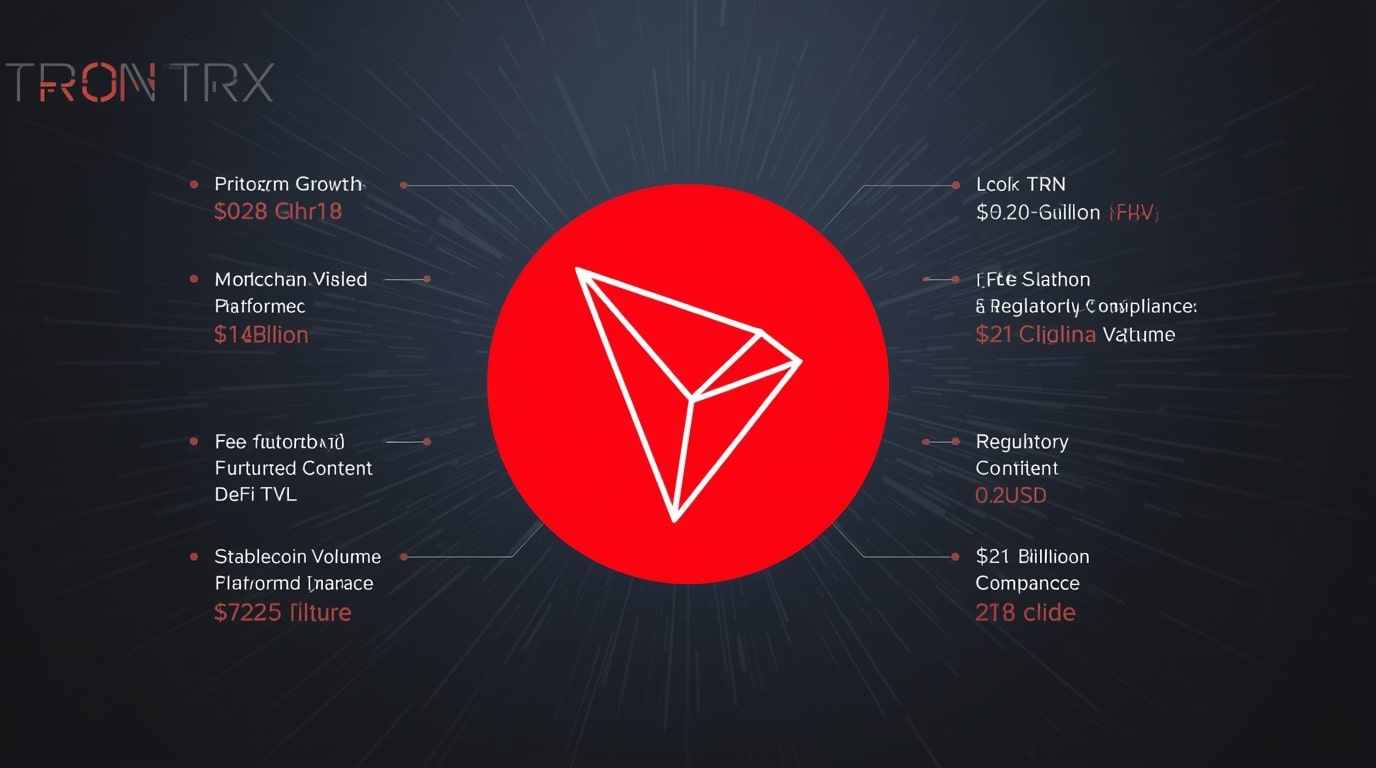 Official Tron TRX logo with red circular emblem and white geometric T symbol, highlighting Tron cryptocurrency's stability at $0.28, fee reductions, and stablecoin dominance in November 2025 blockchain market.