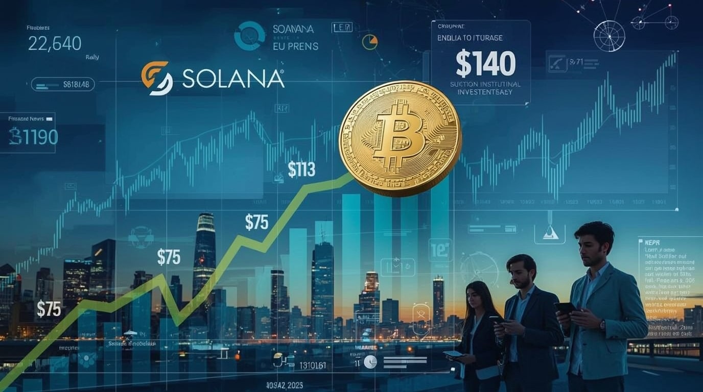 Solana cryptocurrency token surging toward $140 with charts showing market rally, institutional investments, and blockchain network growth in 2025 crypto news.