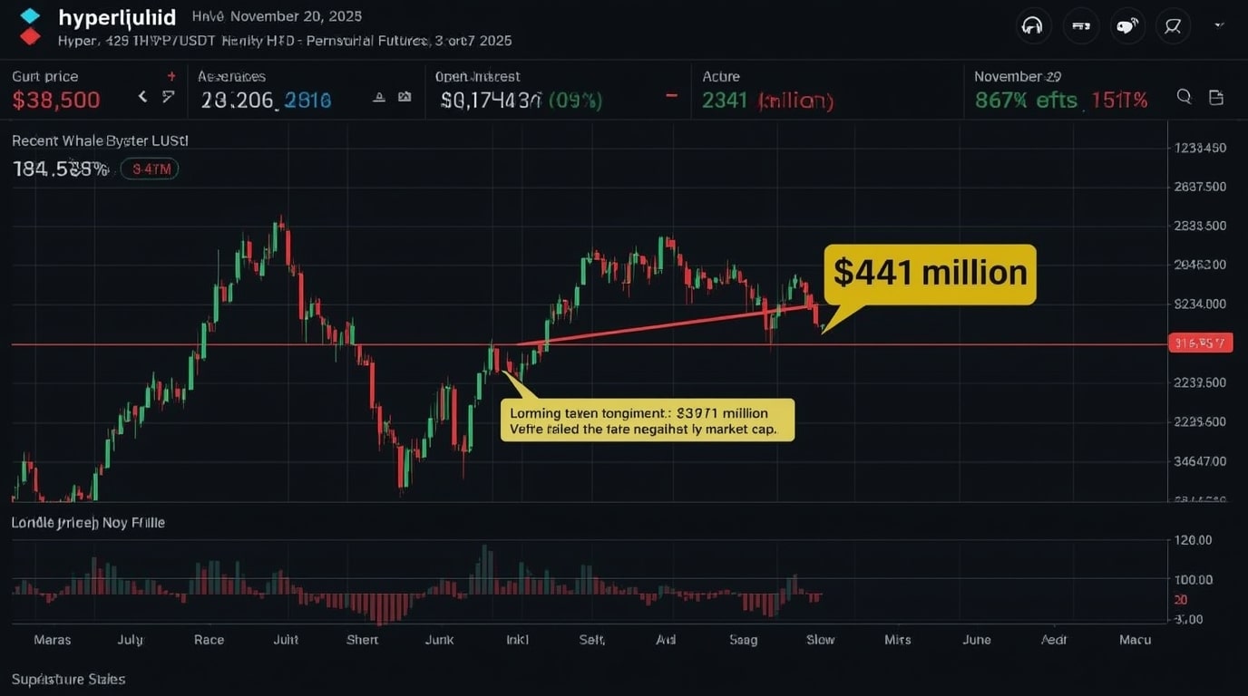 Hyperliquid HYPE token price chart showing 3% dip on November 20 2025 with whale buyback activity and upcoming token unlock highlighted in red