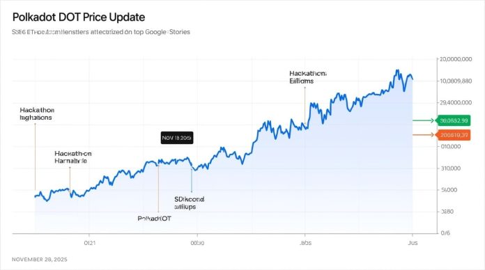 A dynamic chart showing Polkadot (DOT) cryptocurrency price fluctuations on November 28, 2025, with market trends, hackathon highlights, and SEC ETF decision anticipation for top Google stories.