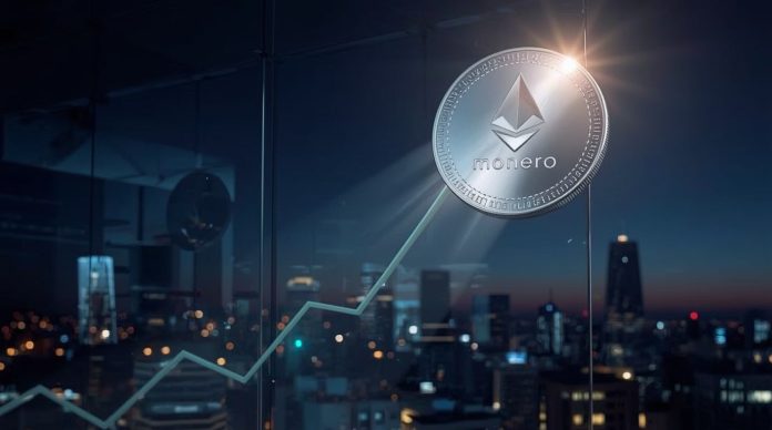 Monero cryptocurrency coin surging toward all-time high amid privacy-focused market recovery and network upgrades.