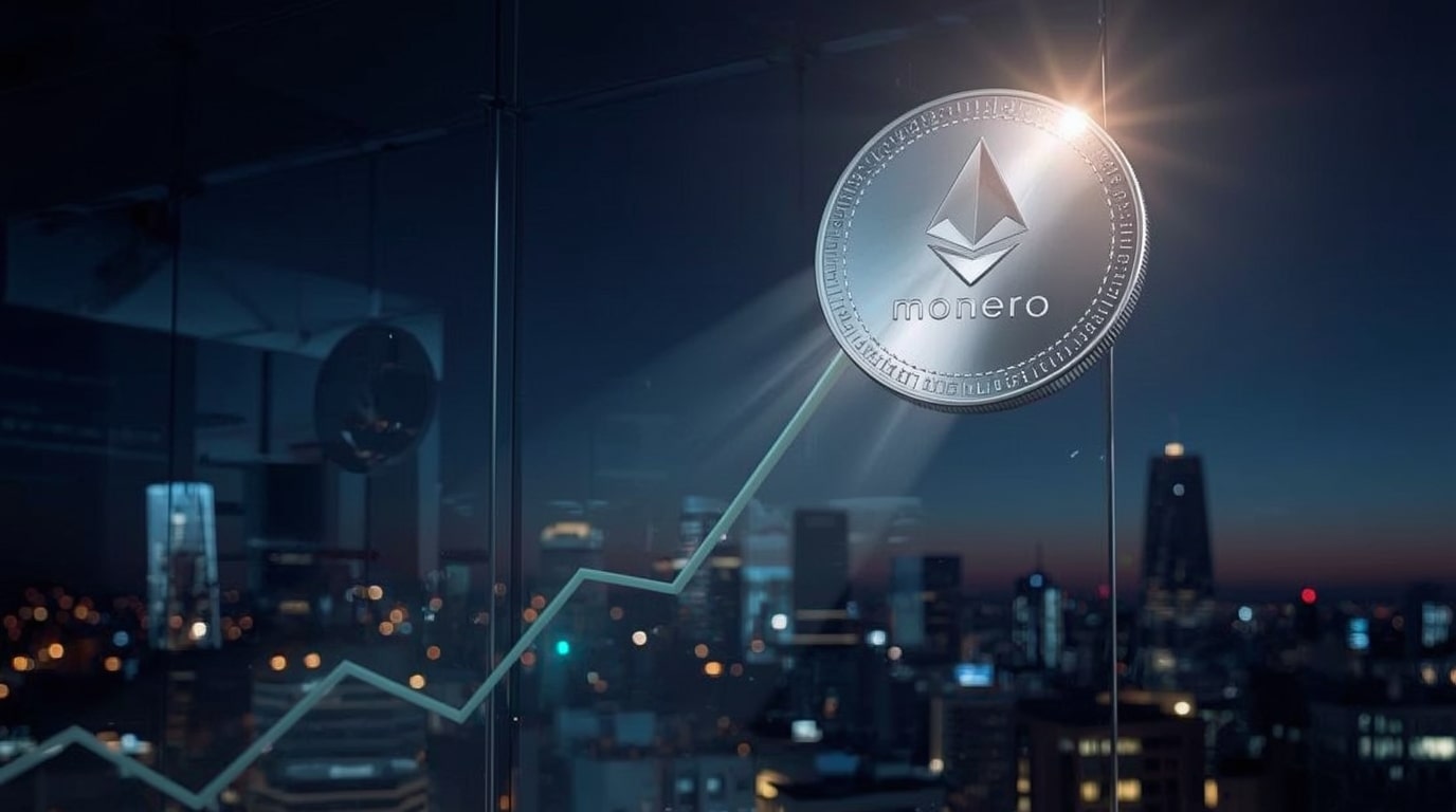 Monero cryptocurrency coin surging toward all-time high amid privacy-focused market recovery and network upgrades.