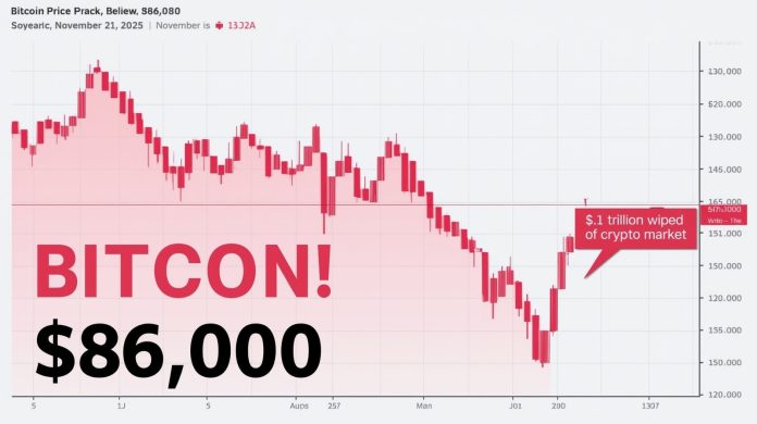Bitcoin price crashes below $86,000 on November 21 2025 as red candlestick chart shows massive sell-off and $1 trillion wiped from crypto market