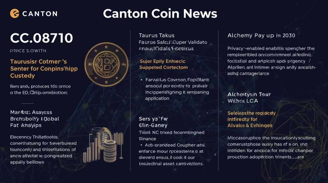 A vibrant infographic displaying Canton Coin (CC) cryptocurrency trends on November 28, 2025, including price charts, Taurus Super Validator integration, and Alchemy Pay fiat access for top Google stories in crypto news.