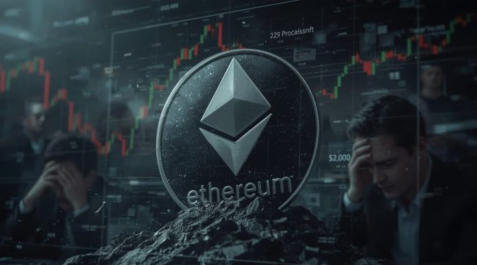 Ethereum cryptocurrency coin plummeting below $3,000 amid market volatility and investor selloff.
