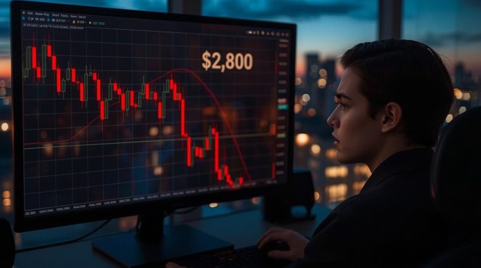 Ethereum price plunges to $2,800 on November 21 2025 as massive red candlestick chart shows 7.4% daily drop and $500 billion wiped from crypto market ahead of Fusaka upgrade