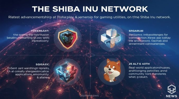 Visual of Shiba Inu collaborations including TokenPlayAI MiniApp and Shibarium security enhancements for blockchain expansion