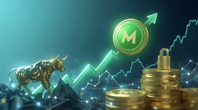 Mantle (MNT) cryptocurrency token soaring past $1.11 with glowing green charts, tokenized stock icons, and institutional vault symbols in background amid crypto bull run.