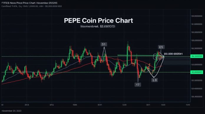 PEPE coin price chart November 20 2025 showing 5% crash to $0.00000512 with confirmed head-and-shoulders breakdown and bearish target at $0.00000185