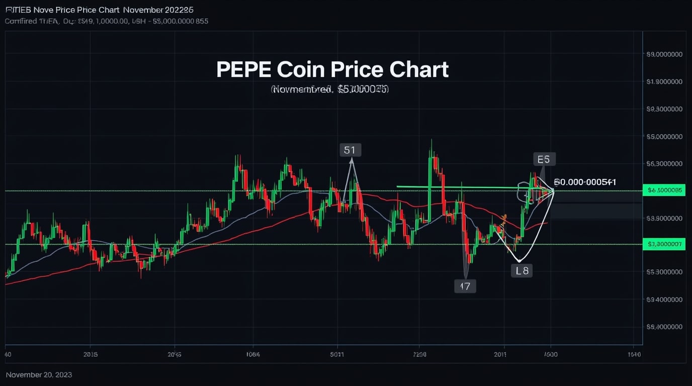 PEPE coin price chart November 20 2025 showing 5% crash to $0.00000512 with confirmed head-and-shoulders breakdown and bearish target at $0.00000185