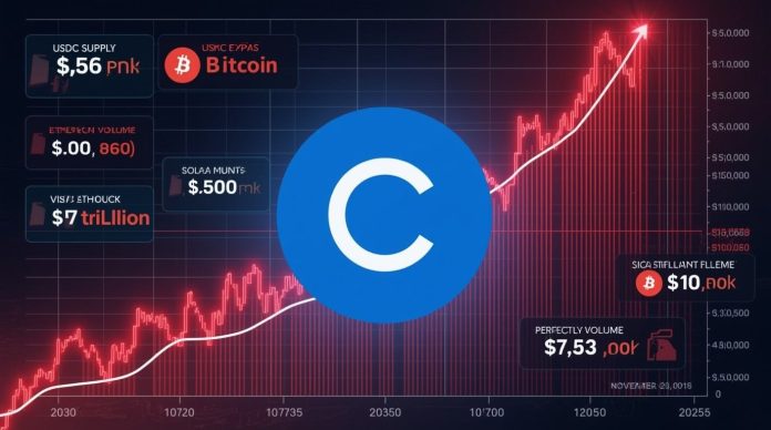 USDC stablecoin reaches all-time high $76 billion circulation November 21 2025 as official Circle USDC logo shines against surging growth chart while Bitcoin and Ethereum crash