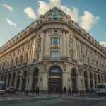 Iconic Lloyds Banking Group headquarters in London's financial district amid bustling city life, representing the bank's 75% share surge and strong performance against global tech stocks like Tesla and Nvidia in 2025