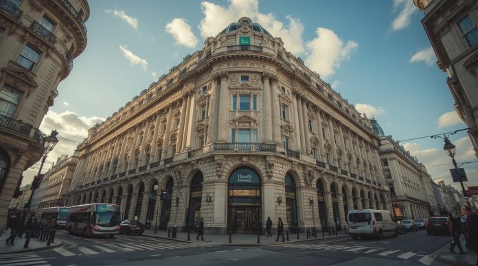 Iconic Lloyds Banking Group headquarters in London's financial district amid bustling city life, representing the bank's 75% share surge and strong performance against global tech stocks like Tesla and Nvidia in 2025
