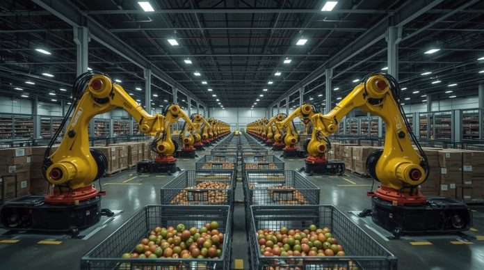 Dramatic view of Ocado's automated warehouse robots halted amid financial crisis, symbolizing 94% share drop and potential business collapse in the UK market for 2025
