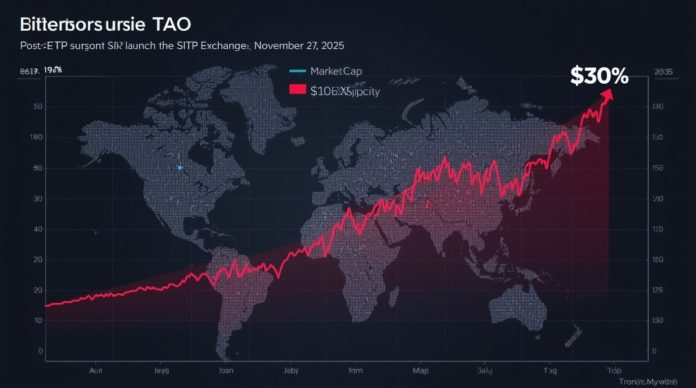 Chart depicting Bittensor TAO token's 9.5% price rebound to $306 in November 2025 following SIX Swiss Exchange ETP debut