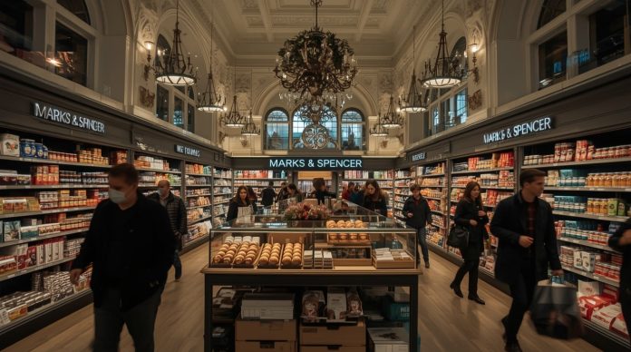 Busy Marks & Spencer store interior with shoppers browsing premium food and clothing sections, depicting the retailer's sales surge and economic recovery signals for UK high streets in 2025