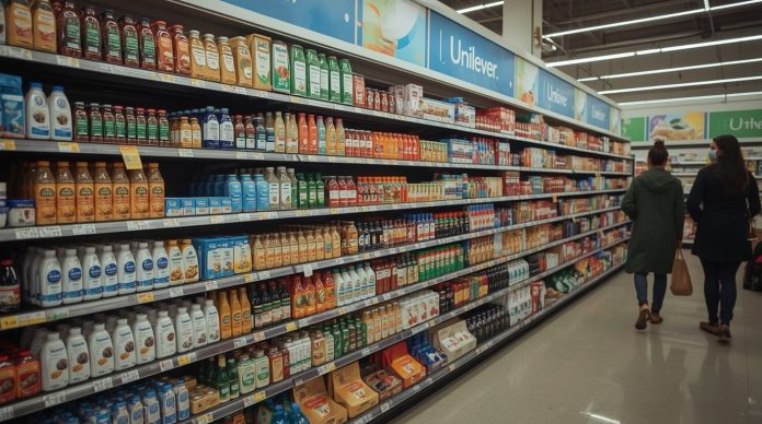 Vibrant display of Unilever's iconic brands like Dove, Ben & Jerry's, and Knorr on supermarket shelves with shoppers in the background, representing the company's sales surge and share price gains amid resilient consumer demand for 2025