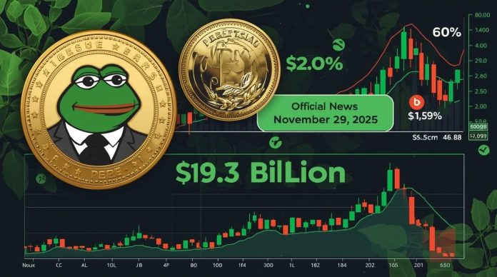 Pepe crypto coin logo overlaid with warning signs for 60% price plunge prediction in November 2025