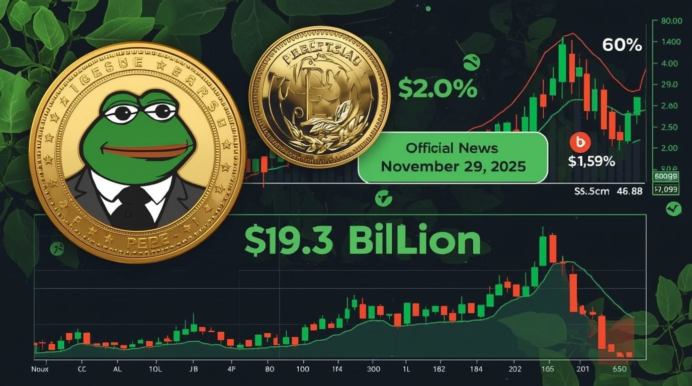 Pepe crypto coin logo overlaid with warning signs for 60% price plunge prediction in November 2025