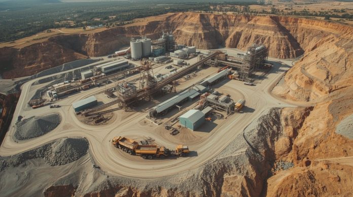 Aerial view of Fresnillo's expansive silver and gold mining operations in Mexico with heavy machinery and ore piles, representing the company's production surge and share price leadership amid global precious metals demand for 2025
