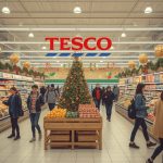 Crowded Tesco supermarket aisles with shoppers loading carts full of groceries and holiday items, symbolizing the retailer's sales growth and share price rally amid UK economic recovery for 2025