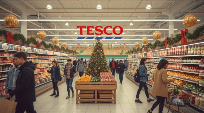 Crowded Tesco supermarket aisles with shoppers loading carts full of groceries and holiday items, symbolizing the retailer's sales growth and share price rally amid UK economic recovery for 2025