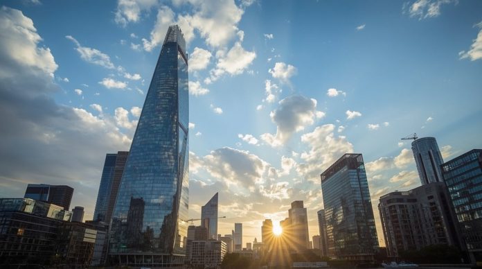 Striking view of Barclays headquarters in London's Canary Wharf financial district with modern skyscrapers and business professionals, depicting the bank's profit resilience and share price surge amid monetary easing prospects for 2025