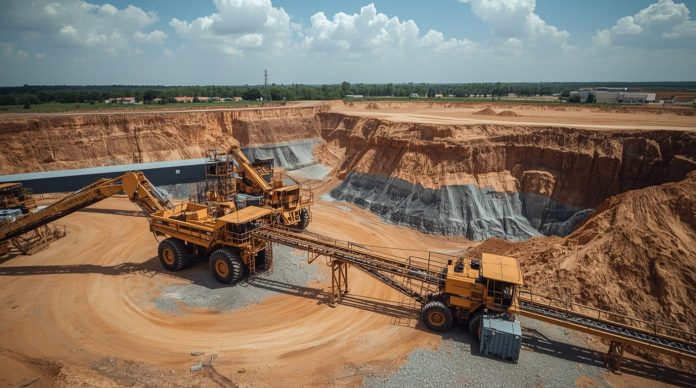 Expansive aerial shot of Endeavour Mining's gold extraction site in West Africa featuring excavators, ore trucks, and processing plants, embodying the company's operational surge and share price gains amid rising global gold demand for 2025