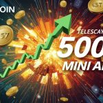 Toncoin (TON) price surging past $7 with massive green candle, Telegram logo glowing, USDT coins raining down, and 500M Mini Apps users milestone in explosive crypto rally background.