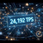 Vibrant futuristic dashboard showing Ethereum Layer-2 networks hitting a peak of 24,192 transactions per second with glowing blue and purple data streams flowing across multiple rollup chains including Base, Arbitrum, and zkSync, set against a dark blockchain grid background.