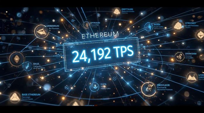 Vibrant futuristic dashboard showing Ethereum Layer-2 networks hitting a peak of 24,192 transactions per second with glowing blue and purple data streams flowing across multiple rollup chains including Base, Arbitrum, and zkSync, set against a dark blockchain grid background.
