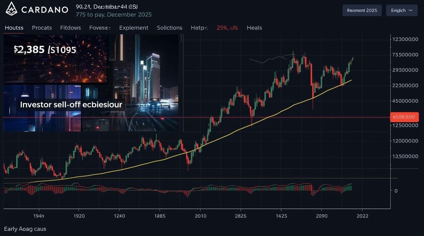 Cardano ADA cryptocurrency price chart depicting 7% drop to $0.385 in early December 2025, featuring DeFi liquidity surge visuals, investor sell-off fears, and explosive forecasts for 2026 growth amid smart contract competition.