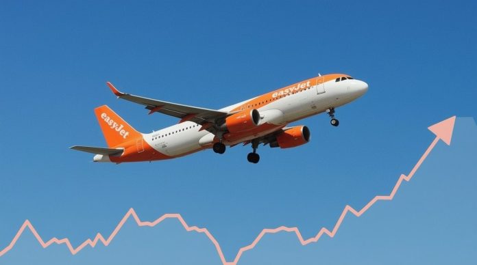 easyJet Airbus A320 aircraft in flight over UK skies with overlaid stock chart showing stable share prices after software update fix, highlighting business resilience in aviation sector