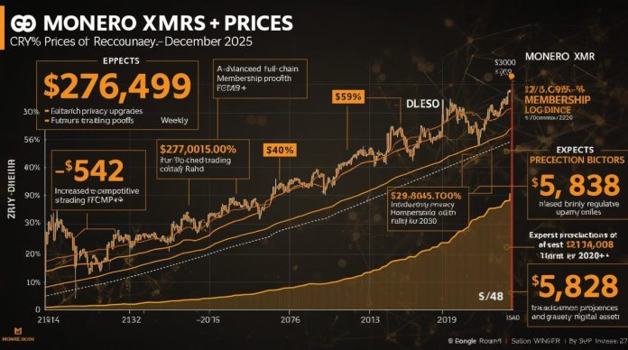 Monero XMR cryptocurrency price chart showing 23% surge to $406 in December 2025, with privacy coin rally trends, technological advancements, and bullish predictions for 2026 and beyond.