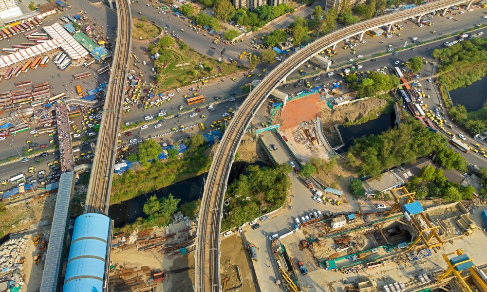 Aerial view of metro lines and infrastructure construction in Delhi, India